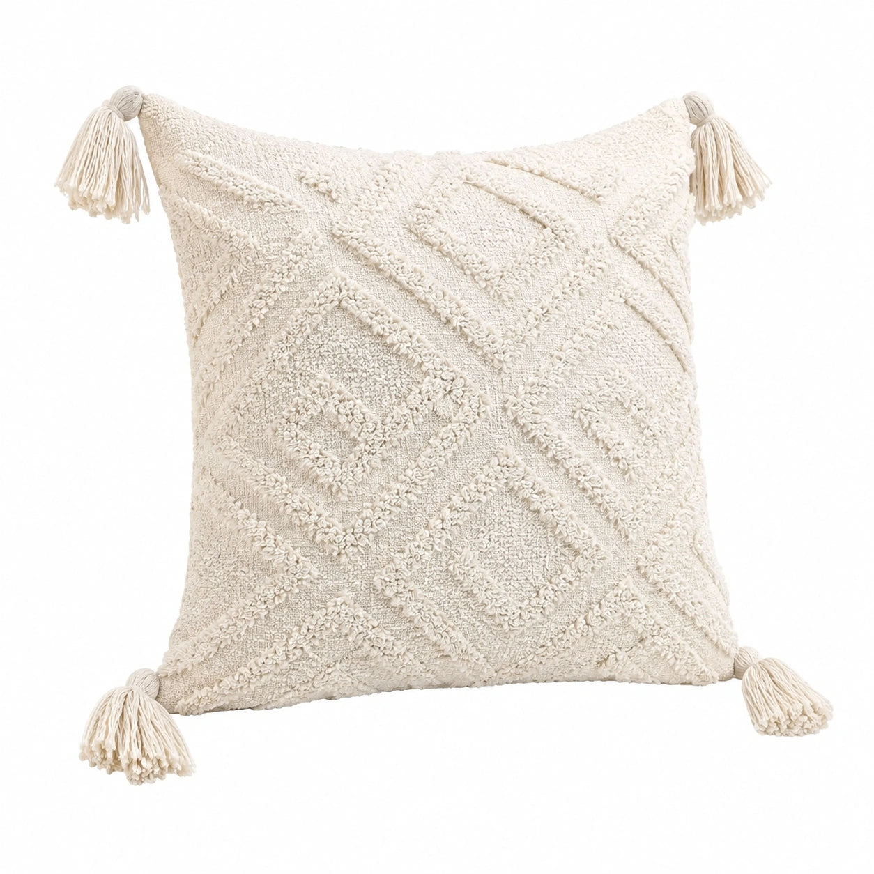 Dekokissen 45 x 45 cm aus Textil in Creme mit Quasten im Boho-Stil