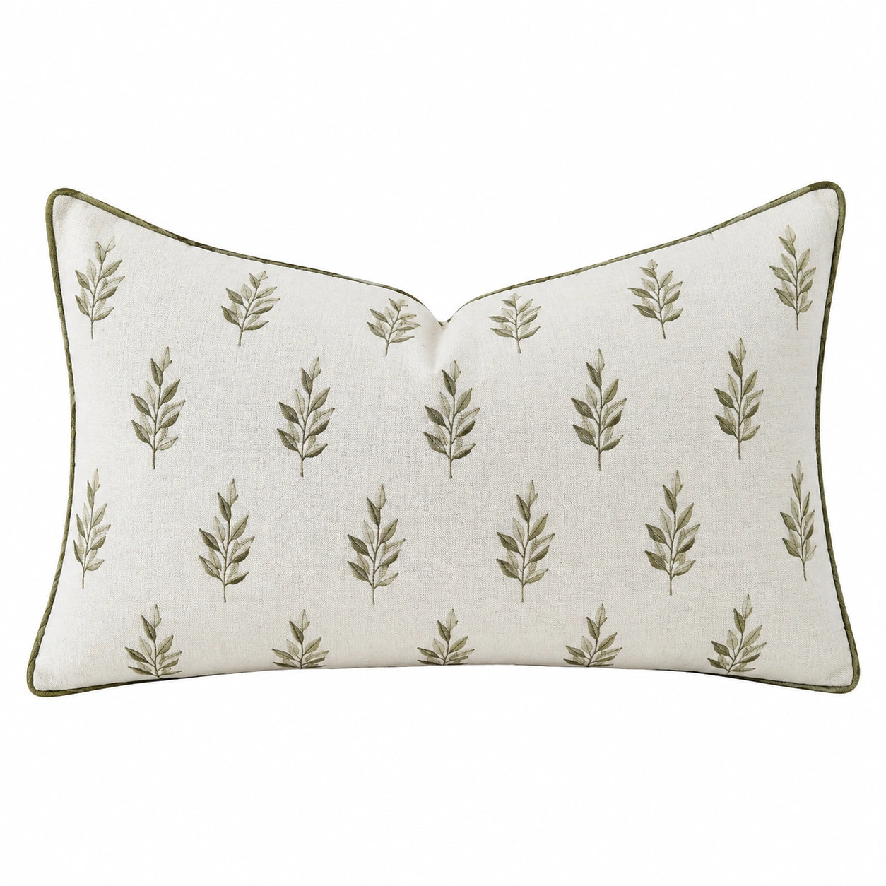 Rechteckiges Dekokissen 50 x 30 cm Textil Creme Grün mit Blättermuster und Keder