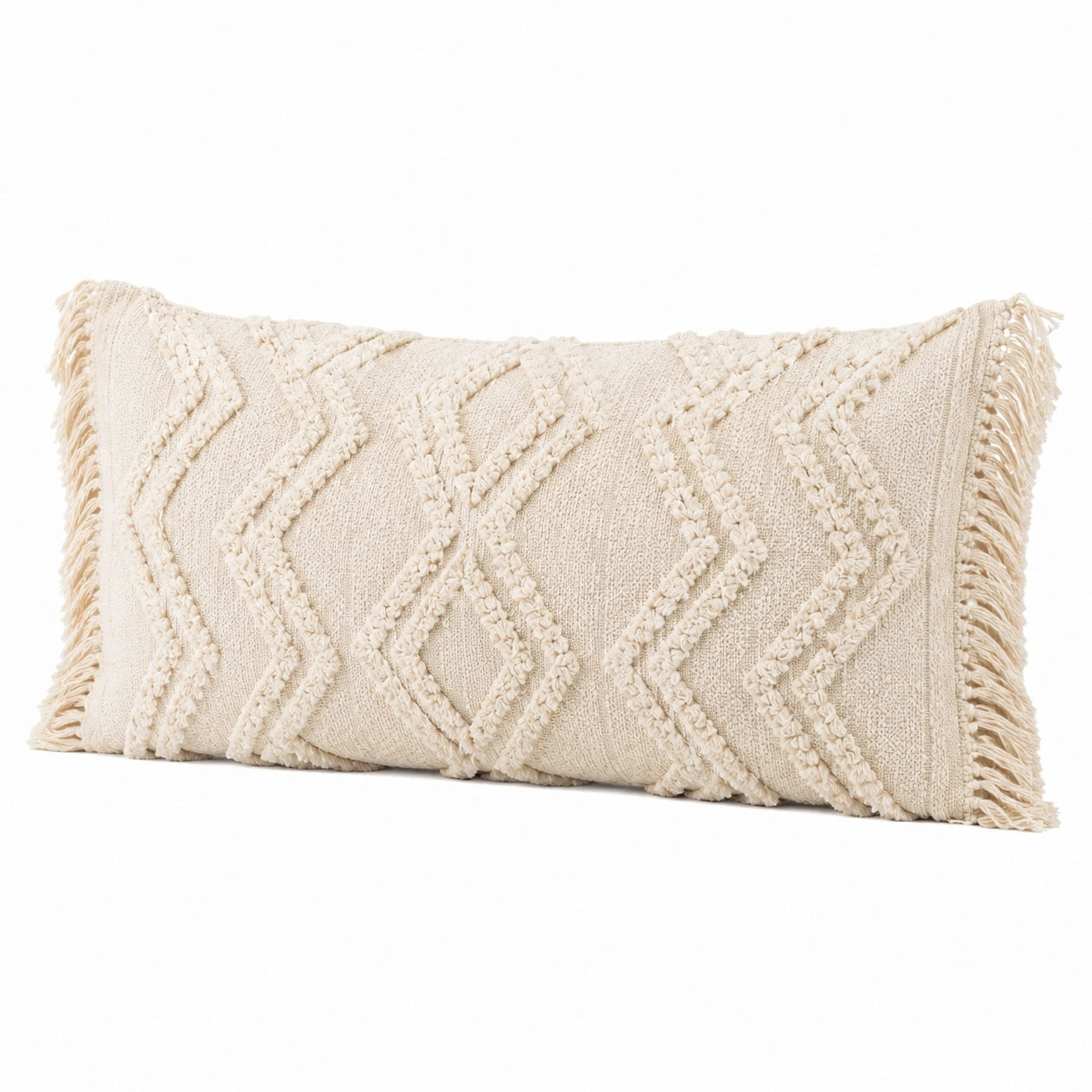 Dekokissen 60 x 30 cm Textil Cremefarben mit Fransen und Rautenmuster