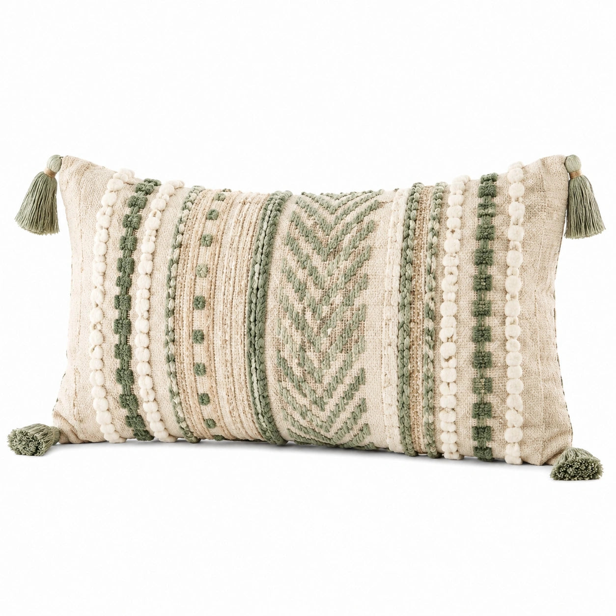 Dekokissen 50 x 30 cm Textil Beige/Salbeigrün Boho mit Quasten