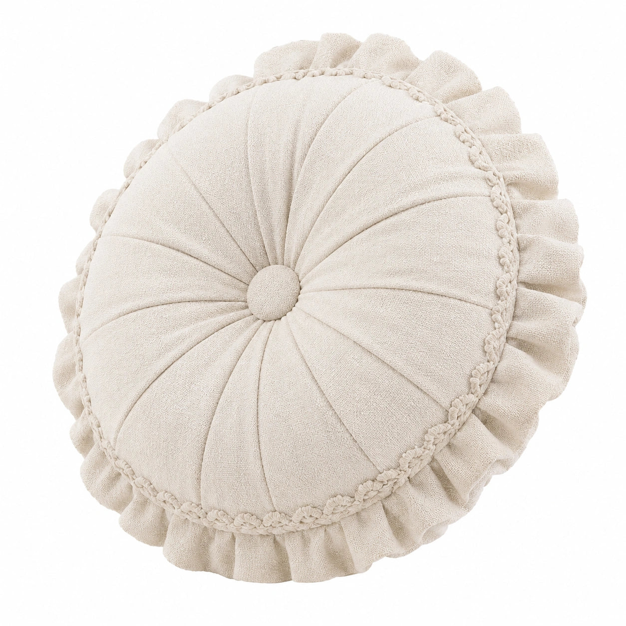 Rundes Zierkissen 45 cm Creme Textil mit Rüschen